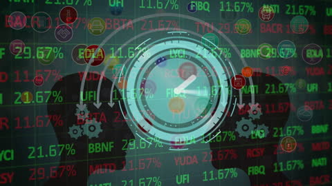 Digital Clock Overlay on Financial Data with Silhouetted Minds