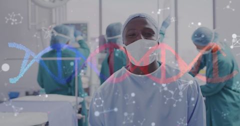 Confident african american surgeon in operating room with dna overlay