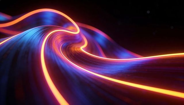 Neon ribbon wave curving through dark void with glowing blue core and orange edges
