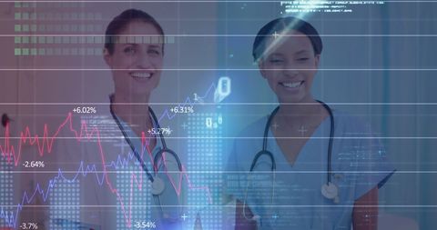 Diverse Female Doctors Overlaid with Financial Data Visualization