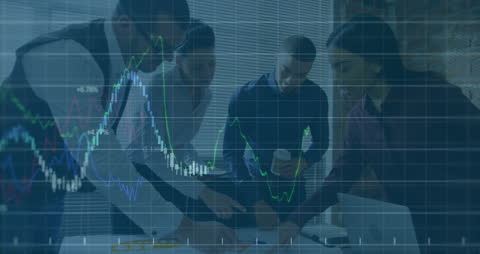 Colleagues Discussing Work with Digital Financial Data Overlay