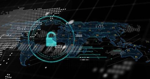 Futuristic digital world map with cybersecurity lock symbol