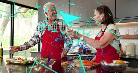 Senior couple chopping vegetables and preparing meal in modern kitchen, teal overlay