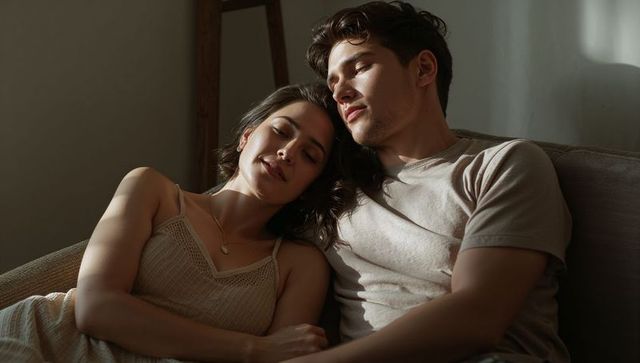 Young couple cuddling on sofa in soft sunlight, relaxing intimate home lifestyle moment