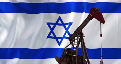 Oil pumpjack silhouette with israeli flag background