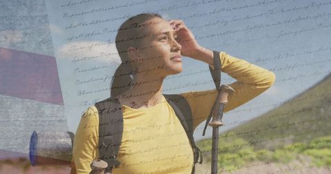 Reflective Biracial Woman Hiking with Layered American Flag