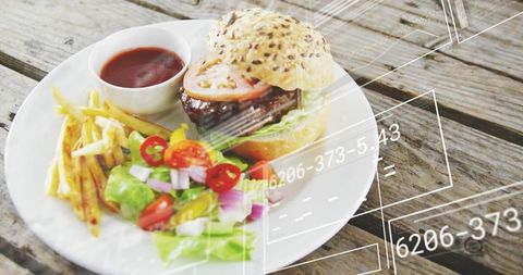Displaying sesame burger, fries and salad with digital data overlays on rustic wooden table