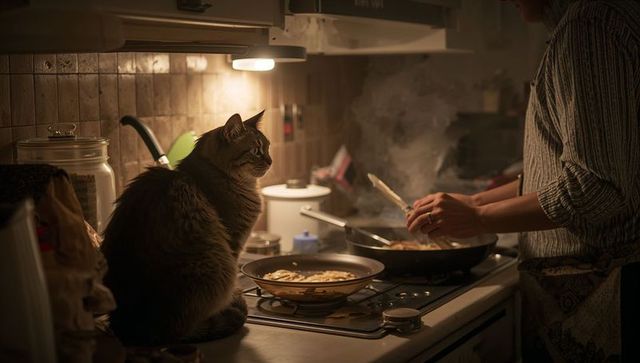 Tabby cat watching home cook stirring skillet on gas stove in cozy evening kitchen