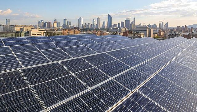 Rooftop solar array reflecting afternoon light over city skyline with photovoltaic modules
