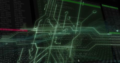 Futuristic cyber interface with green circuit overlay