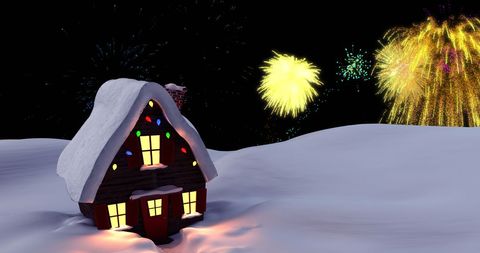 Festive Holiday Home with Fireworks in Snowy Landscape