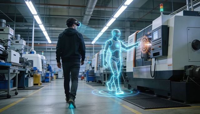 Factory worker using AR headset with holographic robot guiding CNC machine