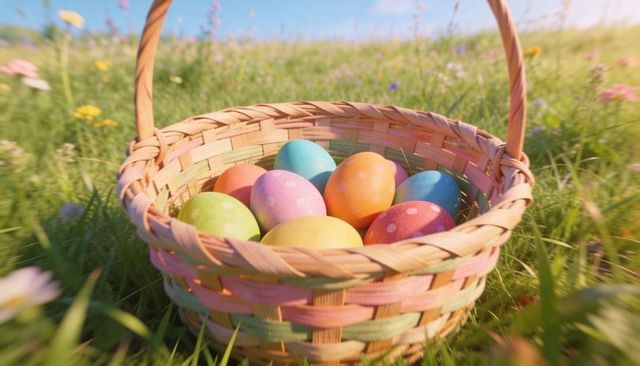 Pastel easter eggs nesting in sunlit woven basket on wildflower meadow