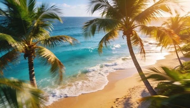 Sunlit tropical beach with leaning palm trees framing turquoise waves and sand footprints