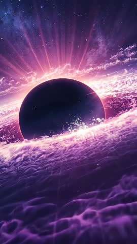 Vertical cosmic eclipse: Dark orb rising in magenta nebula, halo glowing, rings rippling