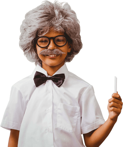 playful schoolboy wearing einstein costume is holding chalk - Download Free Stock Videos Pikwizard.com