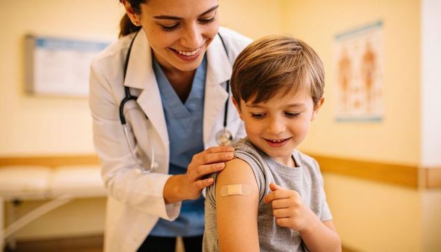 Smiling pediatrician comforting young boy after vaccination, pointing at bandage in clinic