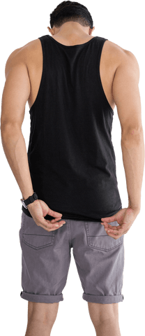 Transparent Back View of Man in Black Tank Top and Shorts