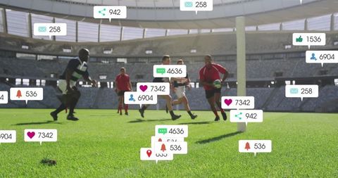 Rugby Team in Action With Social Media Icons Overlay