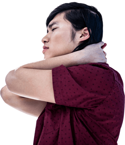 Man in Red Shirt Experiencing Neck Pain on Transparent Background