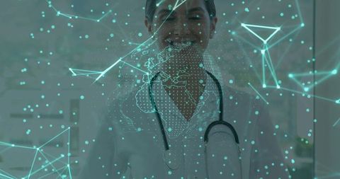Female Doctor with Digital Network and World Map Overlay in Clinic