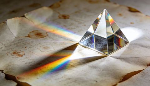 Crystal pyramid prism splitting sunlight into vivid rainbow beams across aged parchment