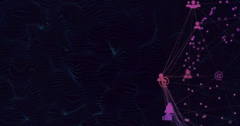 Neon Network Visualization Featuring Magenta Avatar Nodes and Teal Contour Wave Grid