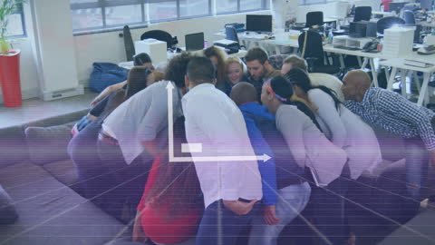 Diverse Team Collaboration with Digital Interface Overlay in Modern Office