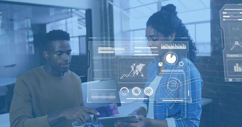 Collaborating on tablet with AR analytics dashboard showing charts and data visualization
