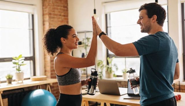 Couple high-fiving after home workout in bright loft with plants and water bottles