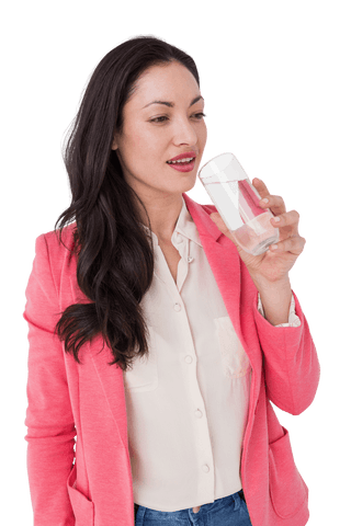 brunette woman drinking water in pink blazer on transparent background - Download Free Stock Videos Pikwizard.com