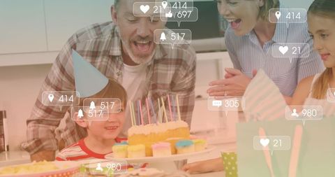 Digital Family Celebration with Social Media Engagement Icons