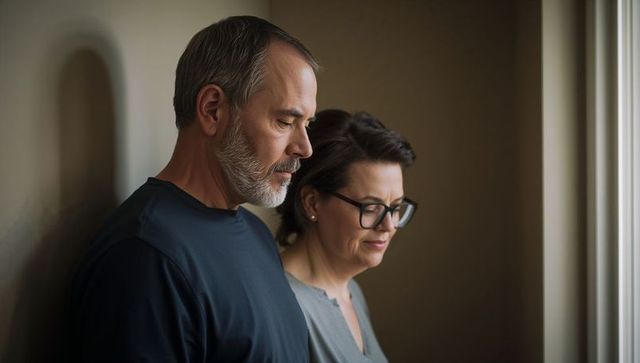 Mature couple standing near window gazing quietly, reflecting together in soft natural home light
