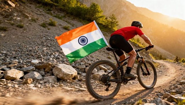 Cyclist carrying Indian flag riding mountain bike on rocky alpine trail at sunset