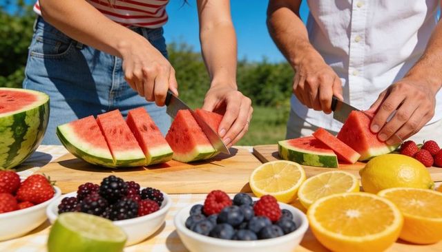 Couple slicing watermelon at sunny summer picnic with fresh berries and citrus spread