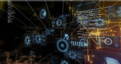 Futuristic 3D UI Panels in Virtual Space with Coding Graphics