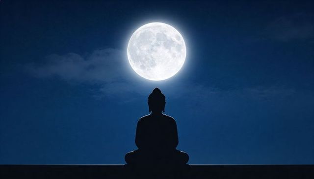 Meditating buddha silhouette under full moon halo minimalist night spiritual scene