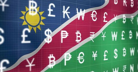 Namibian flag with currency symbols on digital background