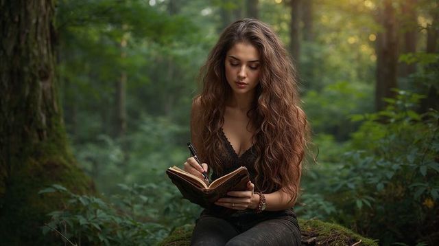 Young woman writing in journal on mossy log in tranquil forest with golden sunlight