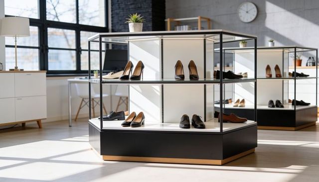 Minimalist glass display showcasing dress shoes in sunlit modern boutique retail showroom