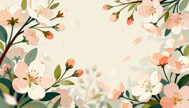 Framing peach and white blossom border on cream backdrop, falling petals, soft floral