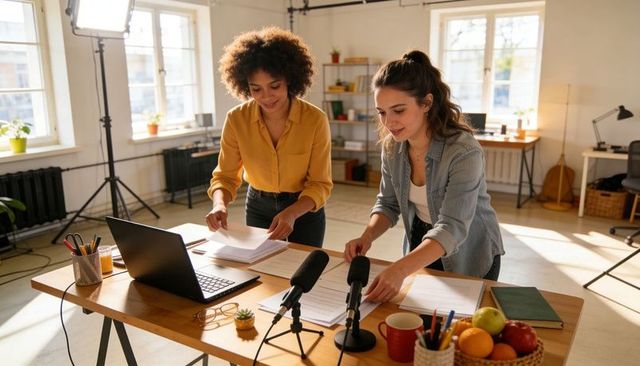 Two women preparing podcast setup with laptop and microphones in bright creative studio