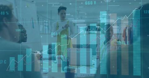 Team Analyzing Holographic Charts in Modern Office Meeting