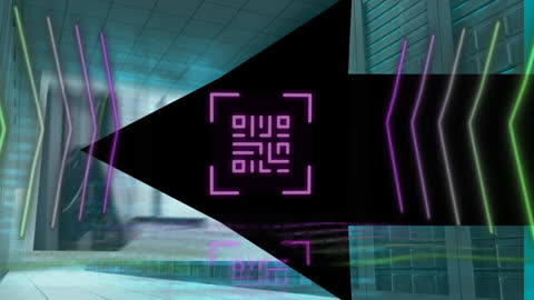 Neon QR Code and Data Processing in Futuristic Server Room