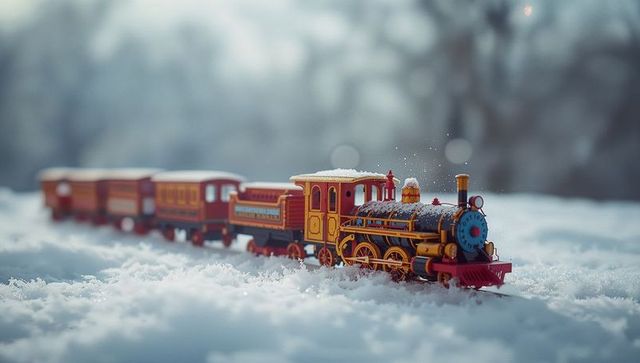 Miniature steam train model in snowy winter wonderland