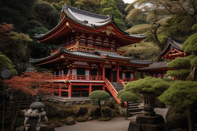 Capturing the essence of traditional Japanese architecture, this picturesque temple sits among lush greenery and meticulously maintained plants. Surrounded by natural beauty, the intricate red and white temple structure reflects centuries-old cultural heritage. Ideal for use in travel magazines, tourism websites, and cultural heritage promotions, this image evokes a sense of peace and tranquility.