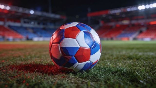 Resting red-white-blue soccer ball on stadium pitch under floodlights at night closeup