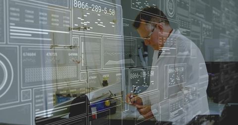 Scientist analyzing data with technology interfaces in laboratory