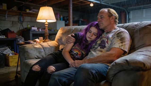 Father holding purple-haired teen on worn sofa in garage, warm lamp light