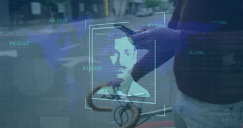 Man on Bicycle Using Smartphone with Digital Overlay